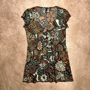 Vintage Y2K ing Floral Print V Neck Ruched Empire Waist Mesh Top Multicolor Boho